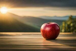 an apple sits on a wooden table in front of a mountain. AI-Generated photo