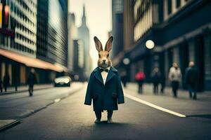 un Conejo vestido en un traje y Corbata en pie en el medio de un ciudad calle. generado por ai foto