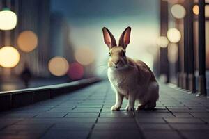 a rabbit is sitting on the sidewalk in front of a city. AI-Generated photo