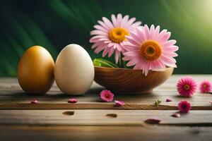 the easter egg and flowers are on a wooden table. AI-Generated photo