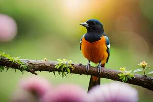 a colorful bird sits on a branch in the sun. AI-Generated photo