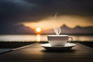 a cup of coffee on a wooden table with a sunset in the background. AI-Generated photo