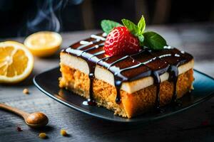 a piece of cake with chocolate sauce and strawberries. AI-Generated photo