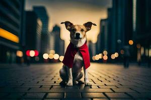 un perro vistiendo un rojo capa en un ciudad calle. generado por ai foto