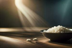 a bowl of rice on a table with a light shining on it. AI-Generated photo