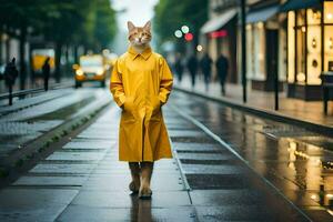 un gato en un amarillo impermeable caminando abajo un calle. generado por ai foto