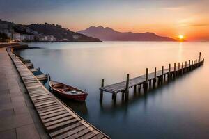 a boat dock at sunset with mountains in the background. AI-Generated photo