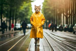 un gato vistiendo un amarillo impermeable caminando abajo un calle. generado por ai foto