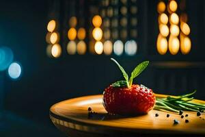 a strawberry on a wooden plate with lights in the background. AI-Generated photo