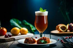 a glass of beer and some food on a table. AI-Generated photo