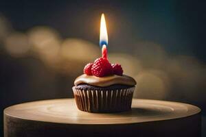 a cupcake with a single candle on top. AI-Generated photo