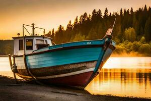 a boat sits on the shore at sunset. AI-Generated photo