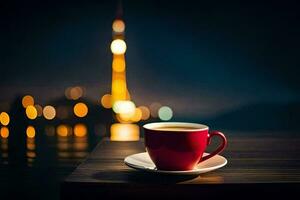 a cup of coffee on a wooden table in front of a cityscape. AI-Generated photo