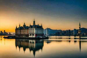 a beautiful building sits on the water in front of a city. AI-Generated photo