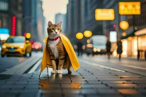 un gato vistiendo un amarillo capa en un ciudad calle. generado por ai foto