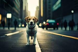 un perro es en pie en el calle en el ciudad. generado por ai foto