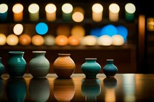 a row of vases on a table with lights in the background. AI-Generated photo