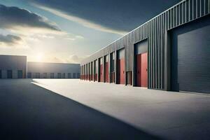 a large warehouse with two doors and a sky. AI-Generated photo