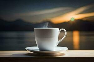 a cup of coffee on a wooden table with a view of the mountains. AI-Generated photo