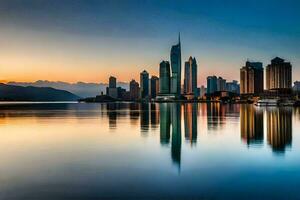 the city skyline is reflected in the water at sunset. AI-Generated photo