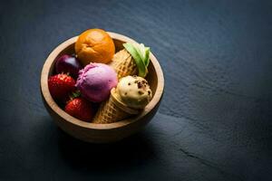 ice cream in a wooden bowl on a dark background. AI-Generated photo