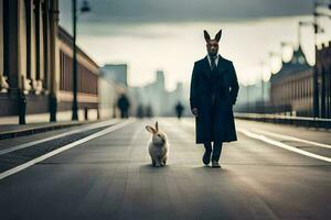 a man in a coat and rabbit ears walking down a street with a rabbit. AI-Generated photo
