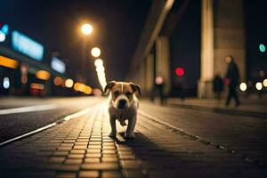 a dog walking on a street at night. AI-Generated photo