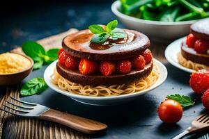 two cakes with strawberries and chocolate on a wooden table. AI-Generated photo