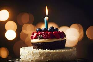 a birthday cake with a lit candle on top. AI-Generated photo