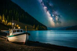 a boat sits on the shore of a lake under a starry sky. AI-Generated photo