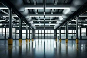 an empty warehouse with large windows and yellow poles. AI-Generated photo