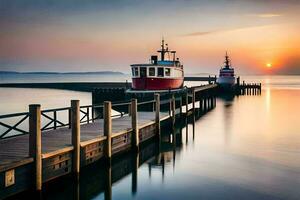 a red tugboat docked at the pier at sunset. AI-Generated photo