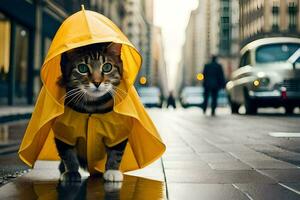 a cat wearing a yellow raincoat on a city street. AI-Generated photo