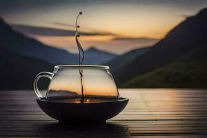 a cup of tea on a table with mountains in the background. AI-Generated photo