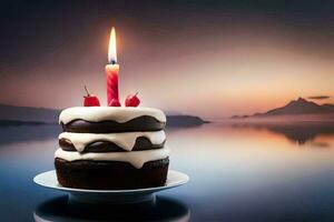 a chocolate cake with a single candle on top. AI-Generated photo