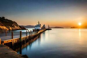 a pier at sunset with a lighthouse in the background. AI-Generated photo