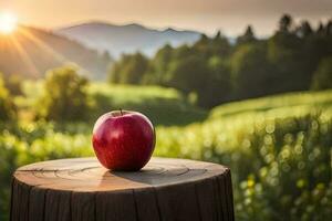 un manzana se sienta en parte superior de un tocón en frente de un campo. generado por ai foto