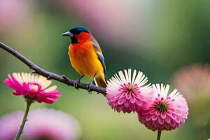 a colorful bird sits on a branch with pink flowers. AI-Generated photo