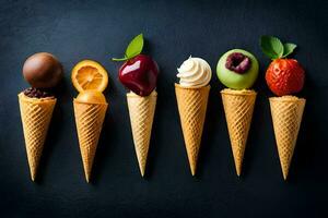 five ice cream cones with different types of fruit. AI-Generated photo