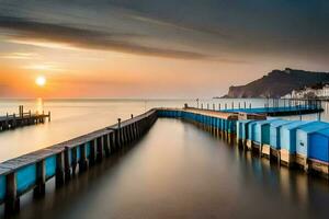 un largo exposición fotografía de un muelle a puesta de sol. generado por ai foto