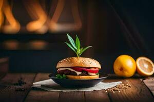 a hamburger with a leaf on top sits on a plate. AI-Generated photo