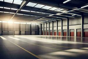 an empty warehouse with sunlight shining through the windows. AI-Generated photo