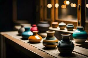 a row of colorful vases on a wooden table. AI-Generated photo