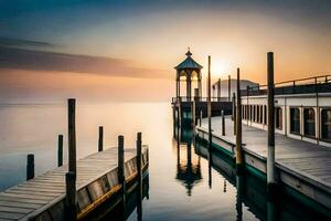 a pier with a gazebo and a clock tower at sunset. AI-Generated photo