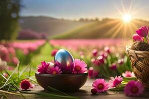 Pascua de Resurrección huevos en un cesta en un de madera mesa. generado por ai foto