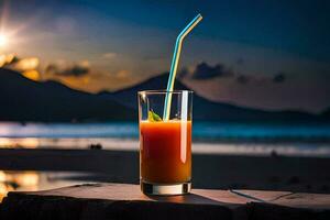 a glass of orange juice on a beach at sunset. AI-Generated photo