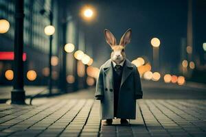 a rabbit dressed in a suit and tie standing on a street. AI-Generated photo