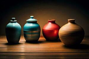 four colorful vases on a wooden table. AI-Generated photo