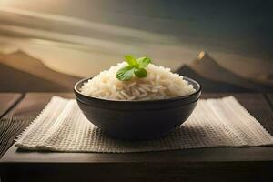 a bowl of rice with a mountain view. AI-Generated photo