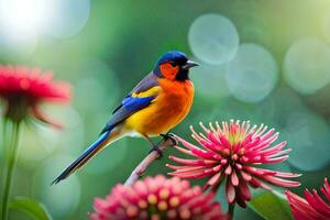 a colorful bird is perched on a flower. AI-Generated photo